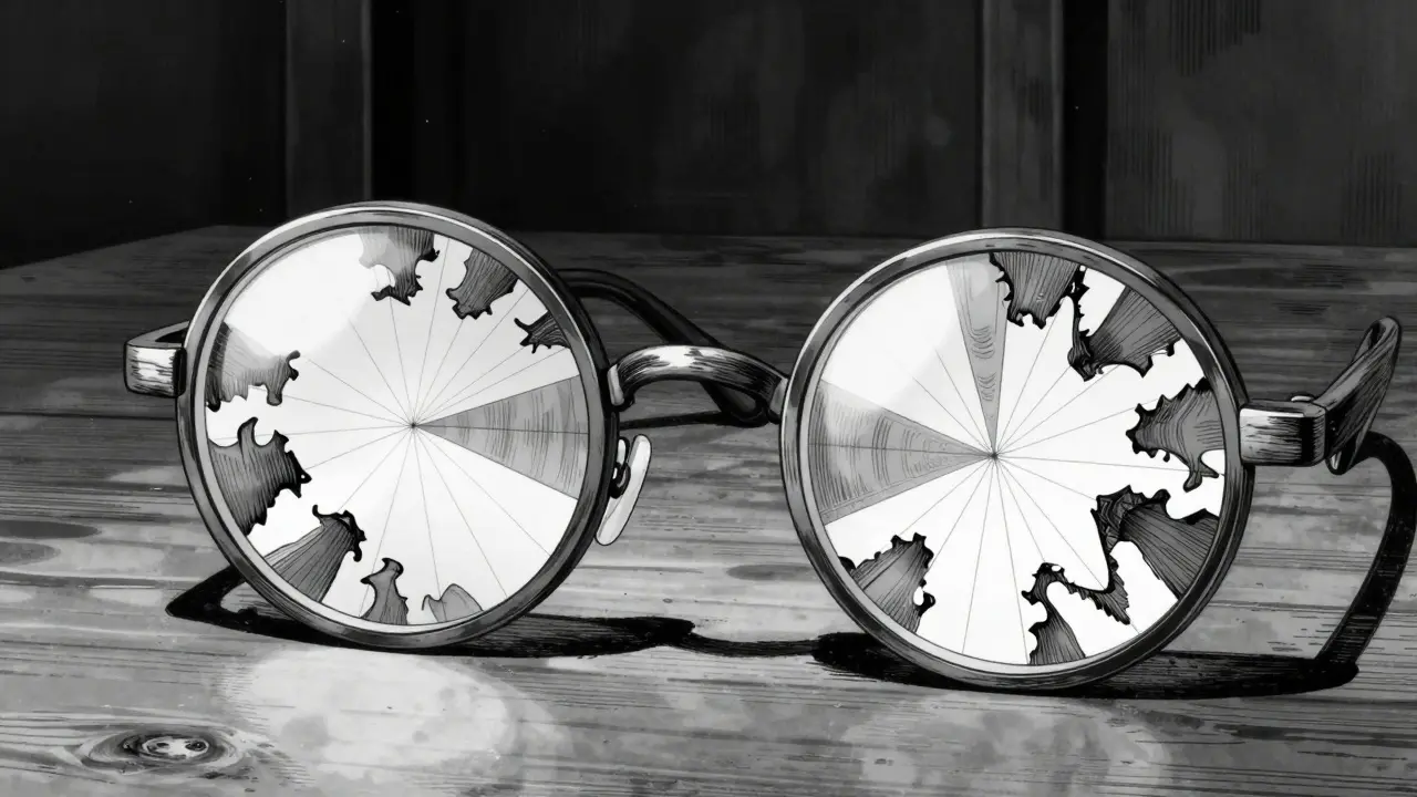 Glasses on desk with sharp focus lens rays.