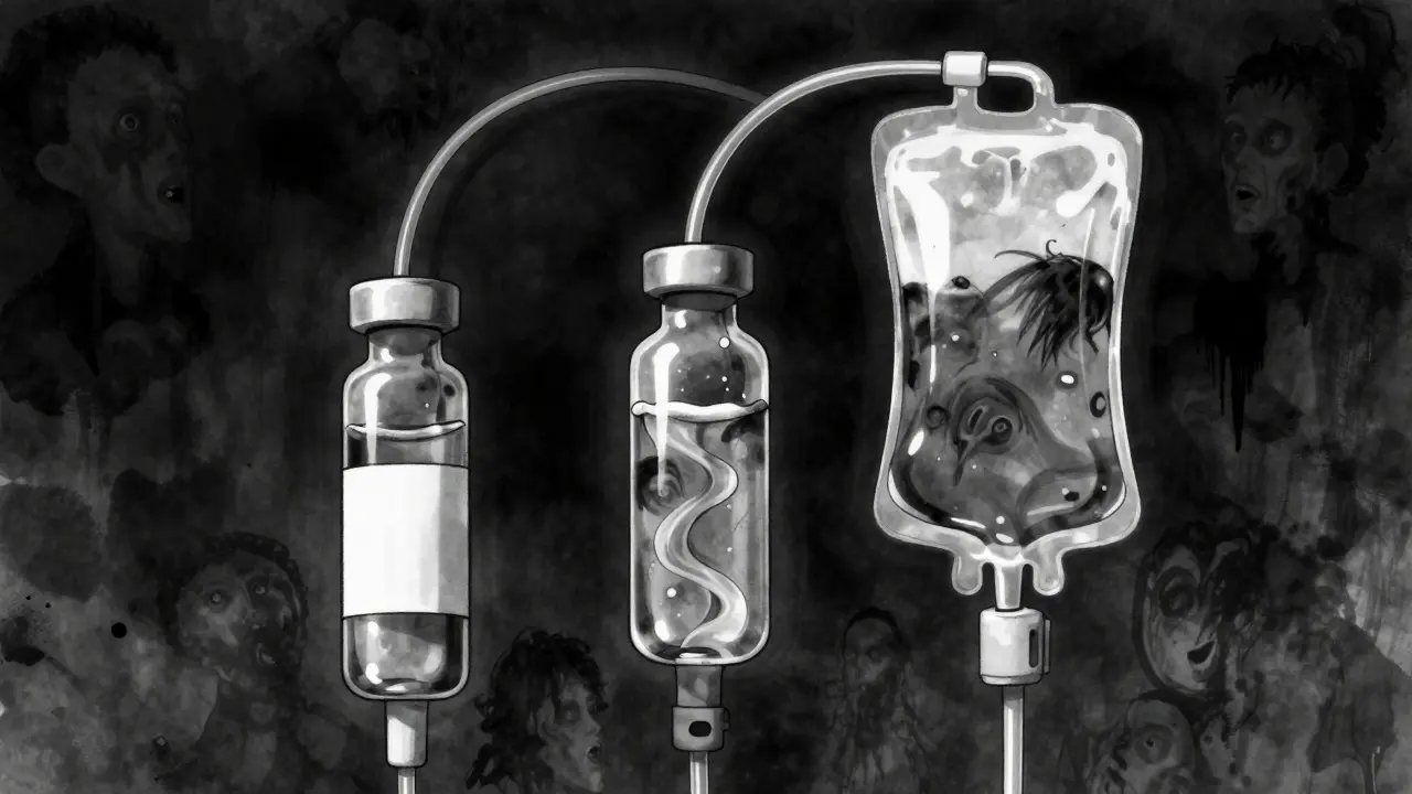 Medical vials with tubes mixing liquid that forms shadowy faces inside.