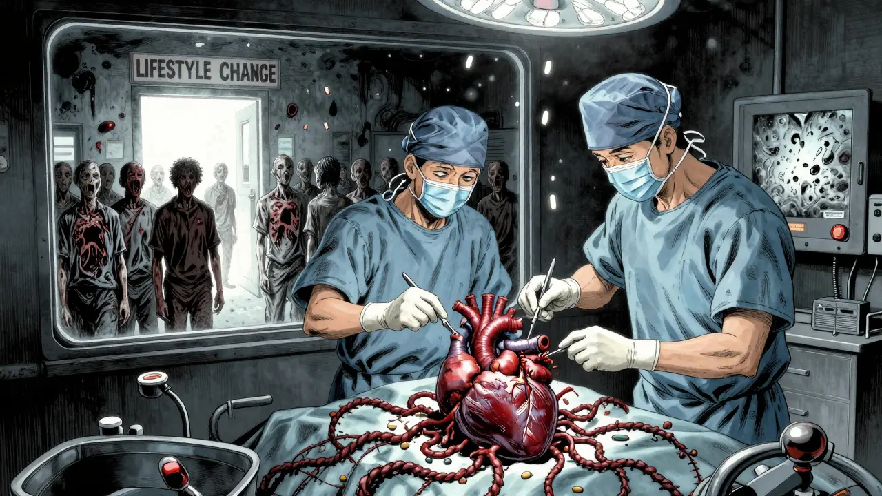 Surgeons stitch a heart made of ropes while faceless patients dissolve into ash, under a rain of statin pills.