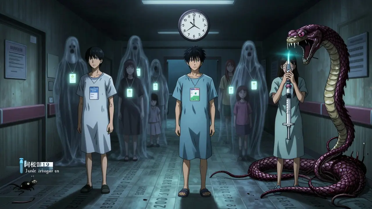 Three immunocompromised patients on a timeline, with ghostly family members forming a protective cocoon around them.