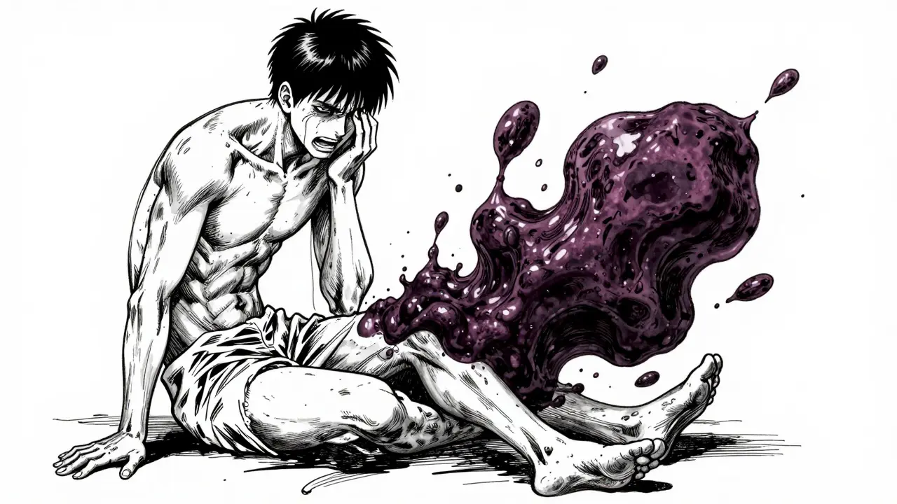 A distorted figure experiencing severe pain from a blood clot in a macabre manga style.
