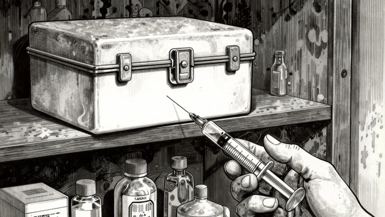 Detailed manga art of a locked medicine box and an oral syringe in a surreal home setting