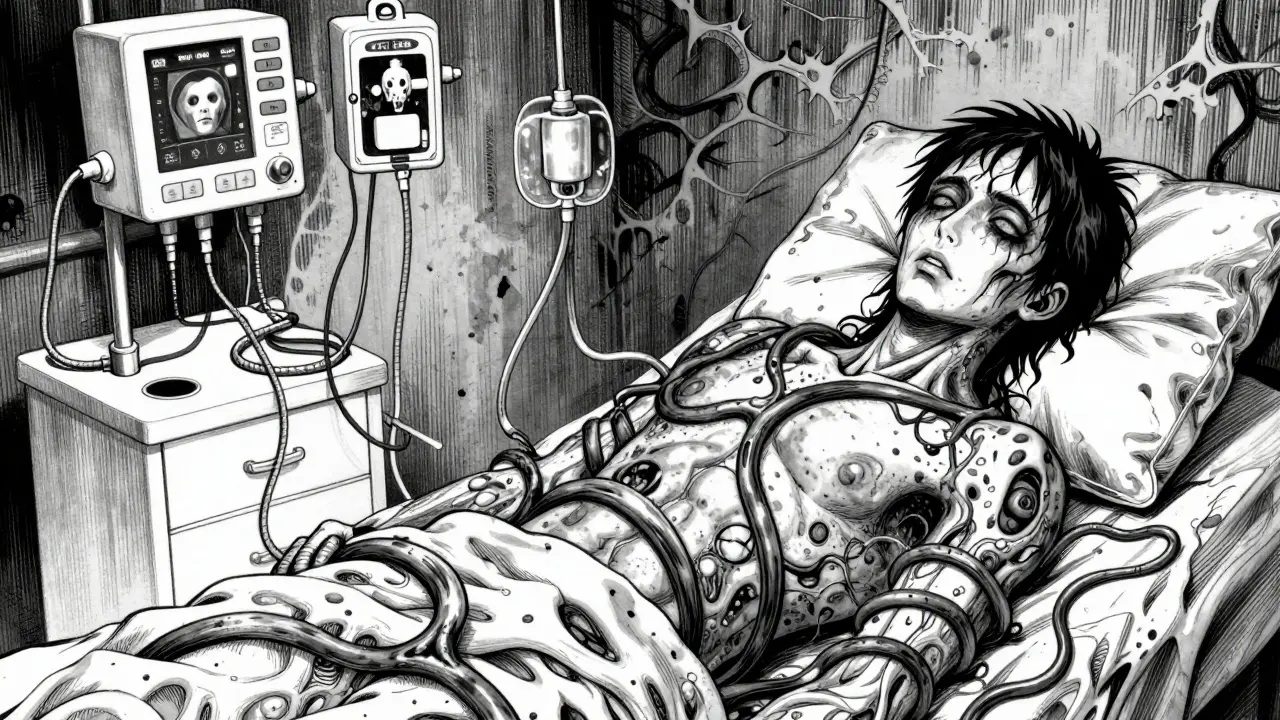 Disturbing manga art of a patient connected to a dialysis machine with vein-like tubes.