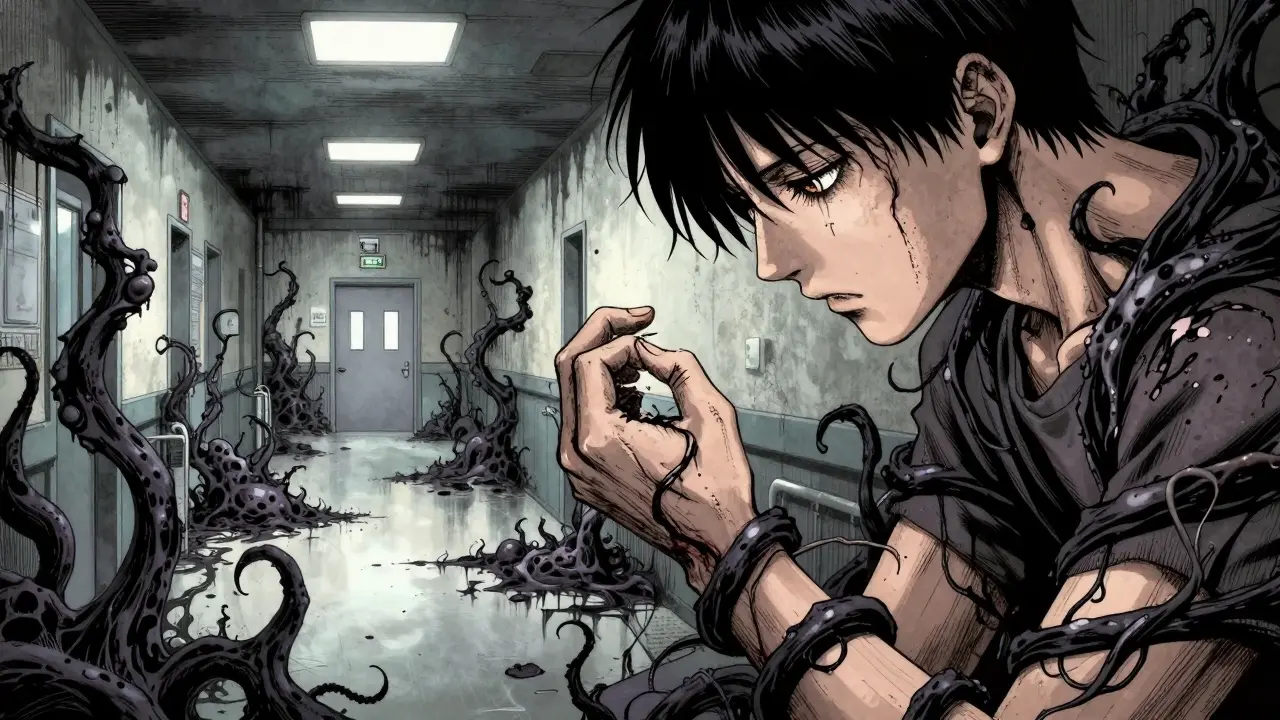 Disturbing manga image of an infection spreading from a small cut via black tendrils.