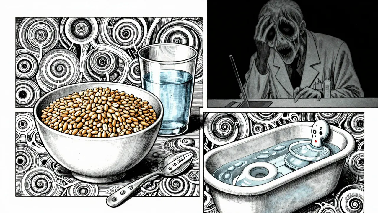 Fiber-rich foods and a sitz bath surrounded by eerie spiraling patterns in Junji Ito style.