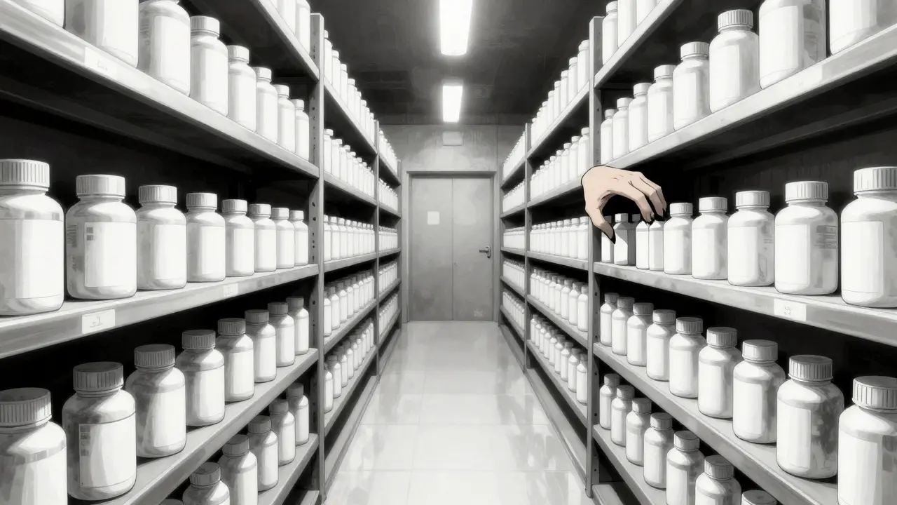 Infinite rows of generic medicine bottles in a distorted warehouse