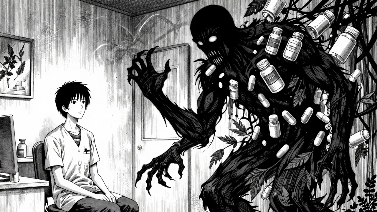 Junji Ito style artwork of a patient overshadowed by a giant monster made of supplement bottles.