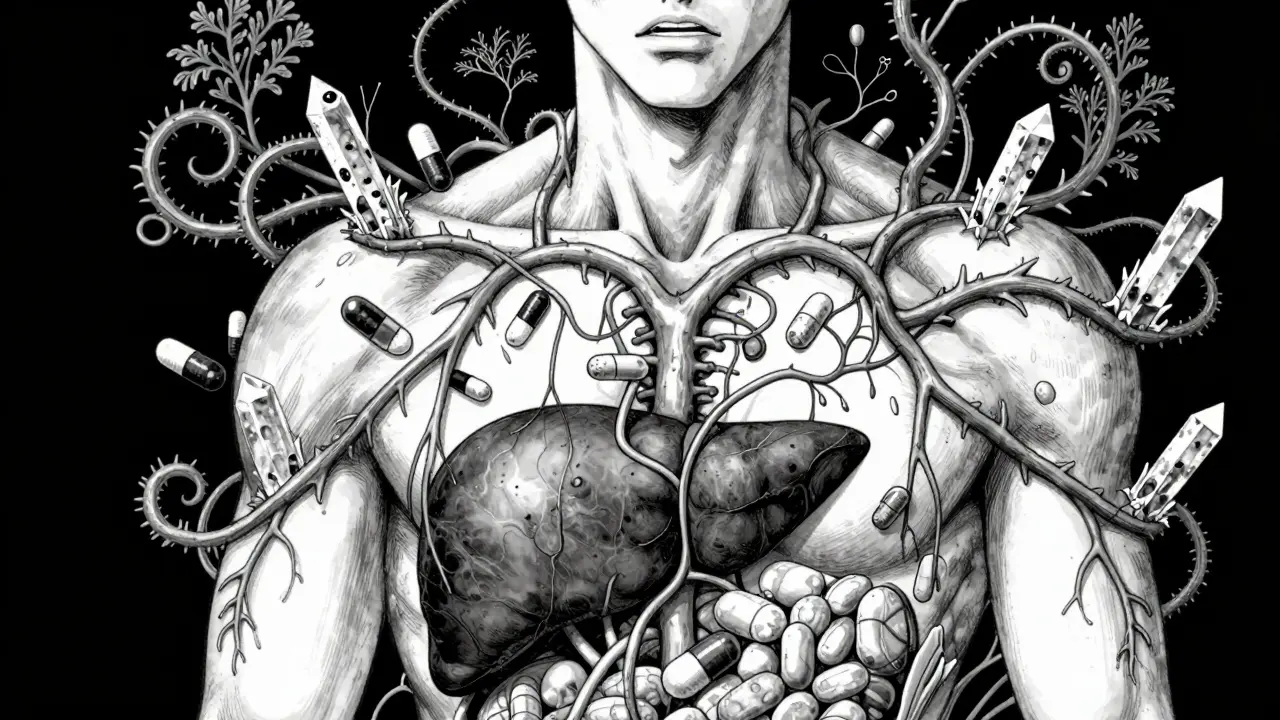 Junji Ito style illustration of herbal vines and crystals invading human internal organs.