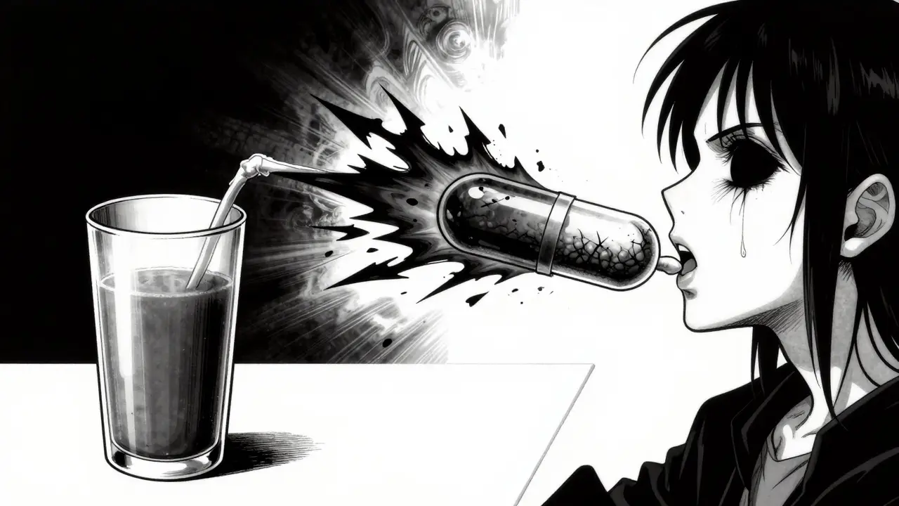 Manga style depiction of a concentrated supplement capsule emitting dark, distorting energy.