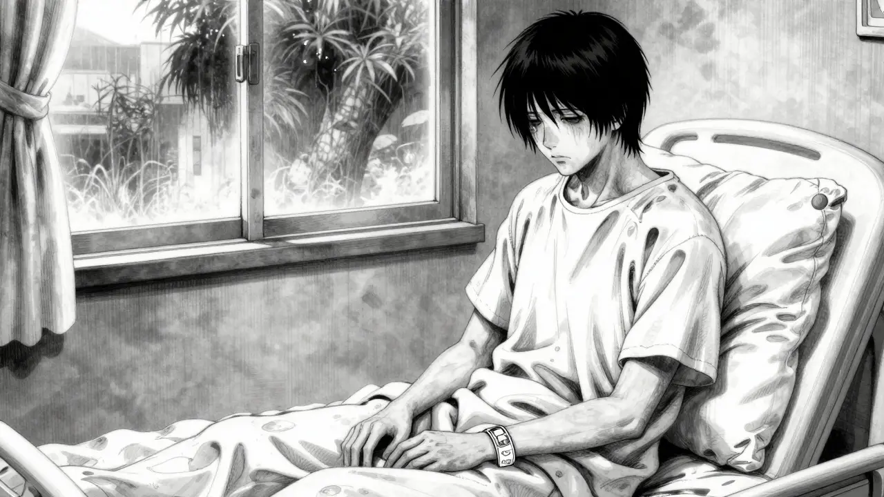 Patient in a hospital room wearing a medical alert bracelet