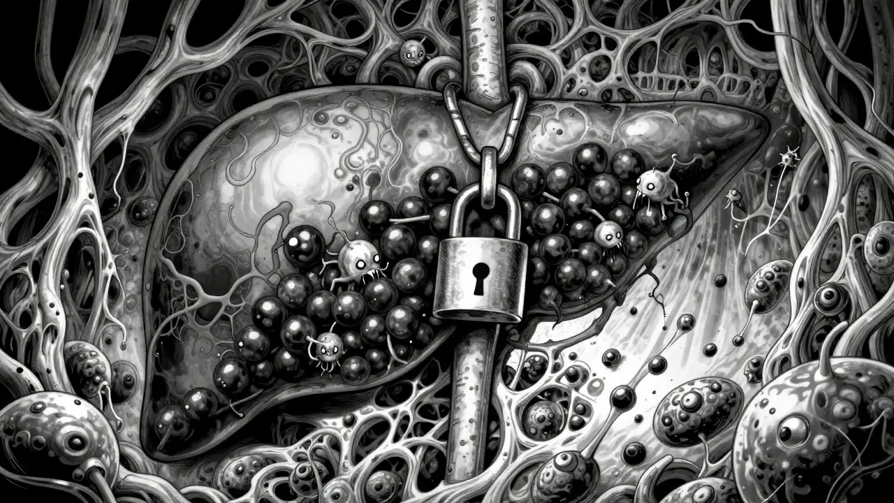 Surreal black and white illustration of berries inhibiting enzymes in the liver in Junji Ito style.