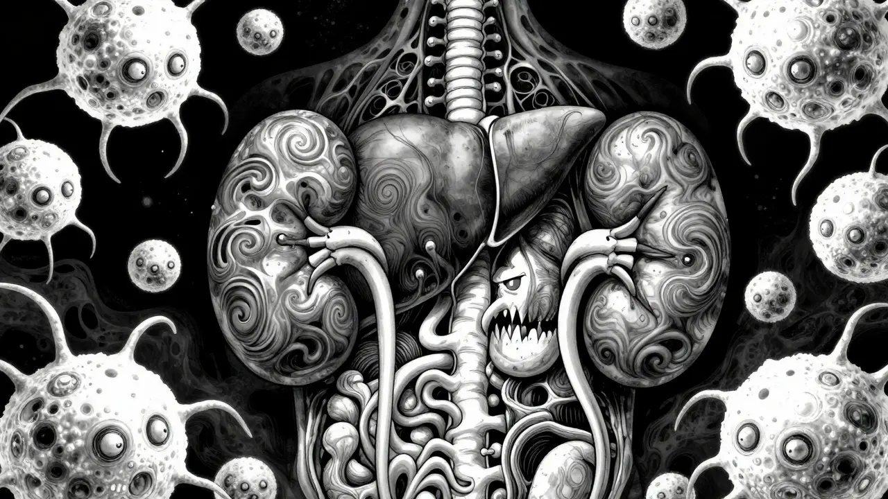Surreal depiction of internal organ inflammation and immune attack