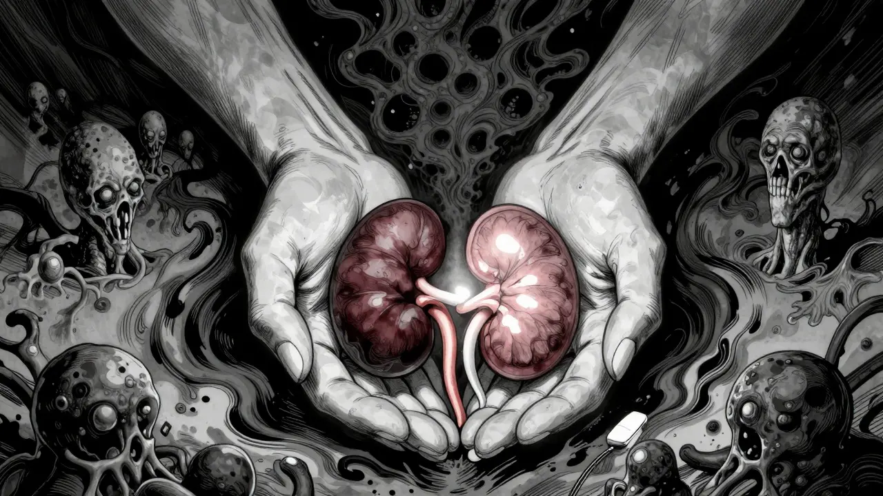 Surreal manga illustration of a donor kidney surrounded by abstract symbols of medical vigilance.