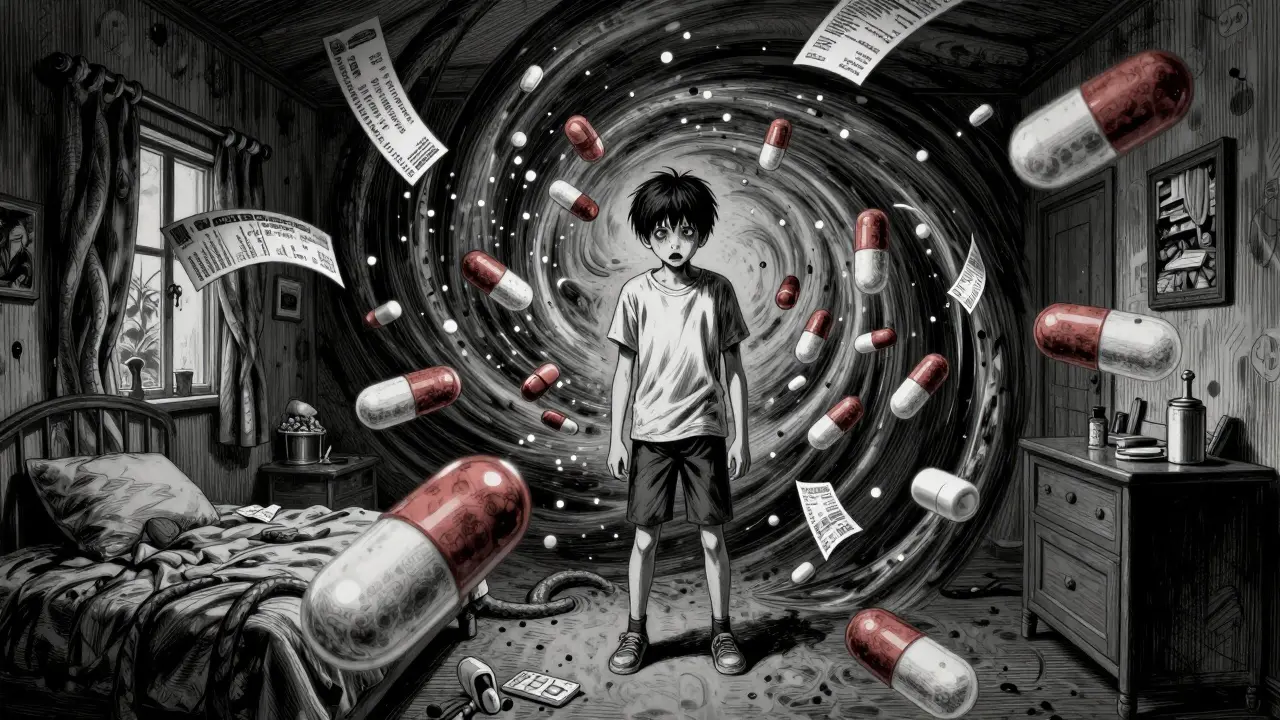 Surreal manga illustration of a teenager surrounded by floating prescription pills