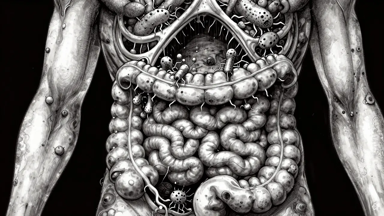 Surreal manga illustration of monstrous bacteria colonizing a damaged gut microbiome.
